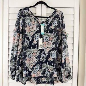 Q&A Rondy Ruffle Detail Blouse Navy Floral Clip Dot XL Long Sleeve New